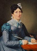 Christoffer Wilhelm Eckersberg Portrat af Sarah Wolff f. Cruttendon siddende i bla kjole, skrivende et brev oil painting artist